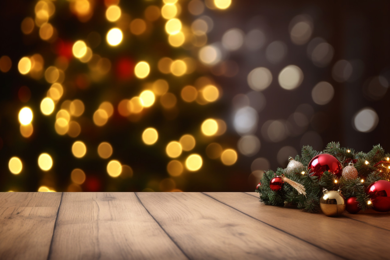 A picture of a christmas scene with a wooden table in front of a decorated christmas tree and a fireplace, christmas people celebrating images