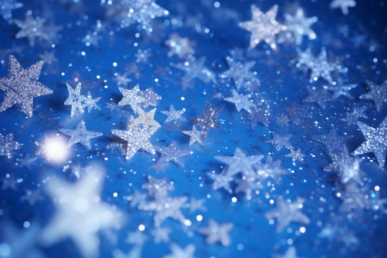 A photo of a magical blue background with sparkling glitter, twinkling stars, and falling snowflakes, christmas people celebrating images