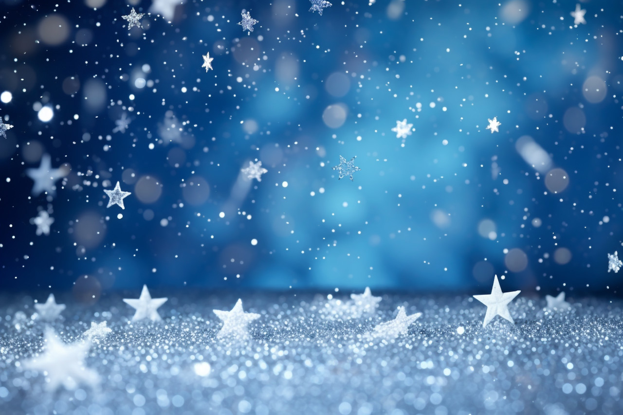 A photo of a magical blue background with sparkling glitter, twinkling stars, and falling snowflakes, christmas people celebrating images