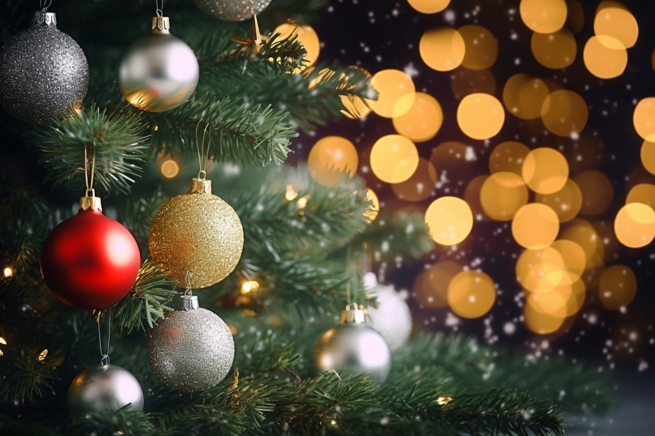 A picture of a christmas tree with christmas decorations in the snow, christmas people celebrating images