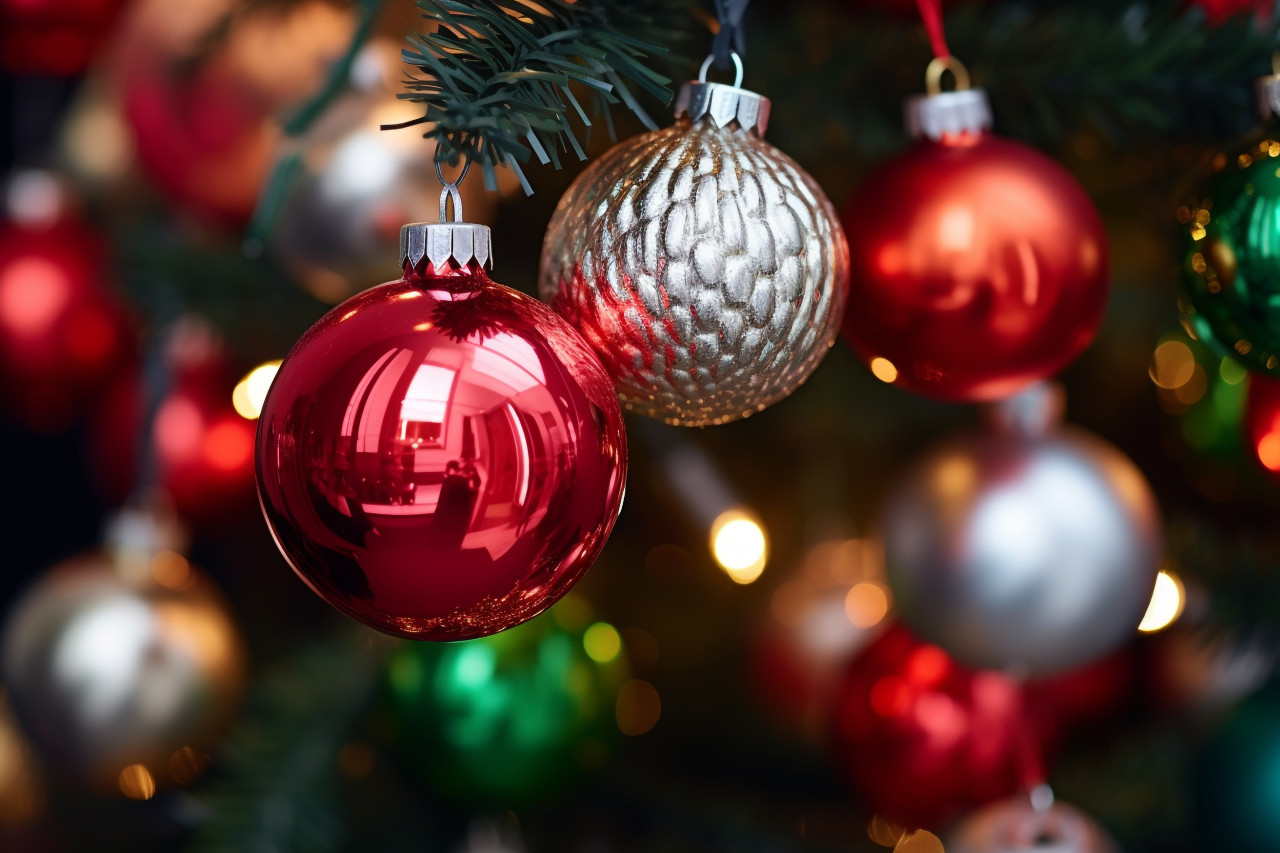 Close up photo of ornaments and lights on a decorated christmas tree, christmas people celebrating images