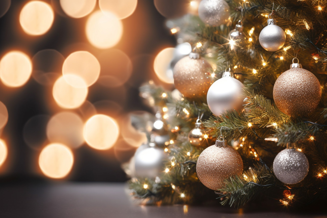 A picture of a christmas tree with christmas decorations in the snow, christmas people celebrating images
