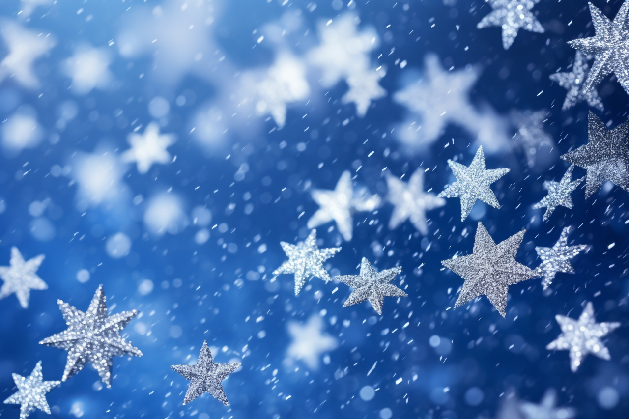 A photo of a magical blue background with sparkling glitter, twinkling stars, and falling snowflakes, christmas people celebrating images