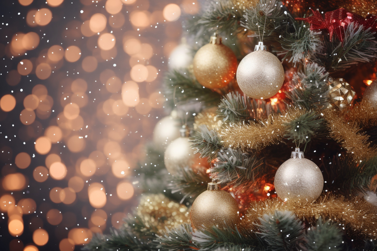 A picture of a christmas tree with christmas decorations in the snow, christmas people celebrating images