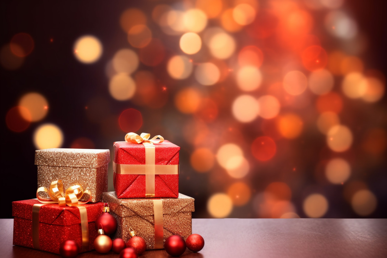 A photo of red merry christmas and happy new year handwriting on a blurred background, christmas people celebrating images