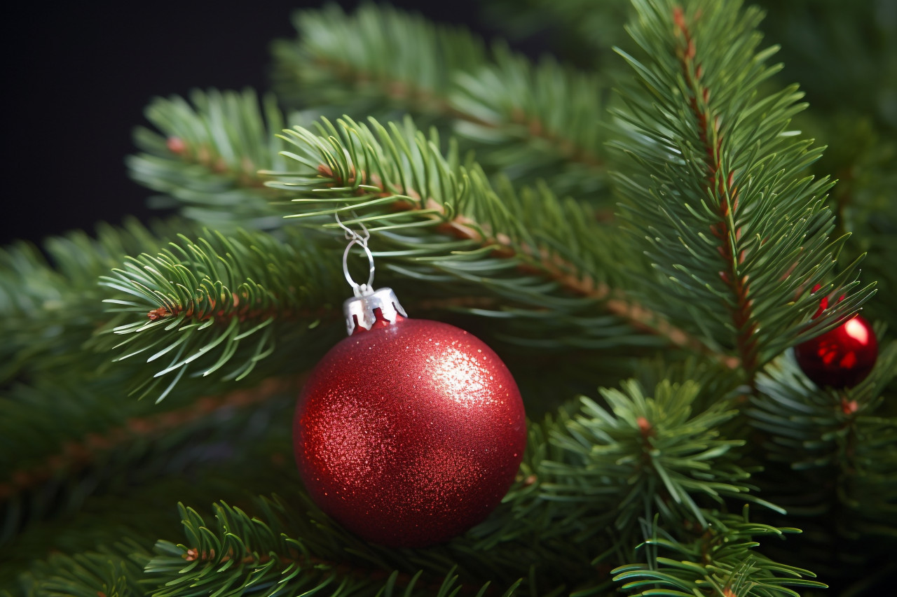 A picture of a spruce branch with a red gift, a christmas tree ornament, and a pine cone, christmas people celebrating images