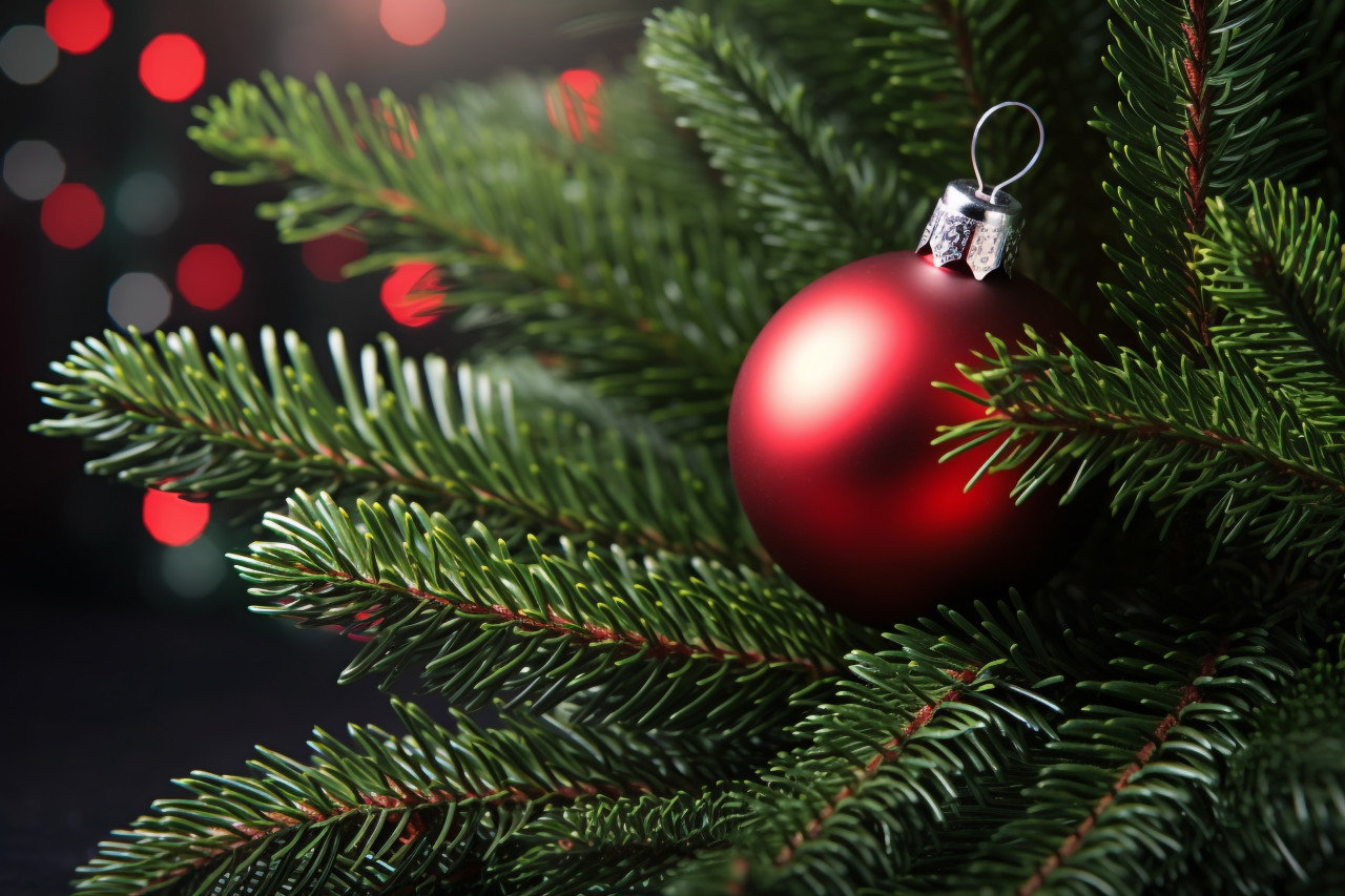 A picture of a spruce branch with a red gift, a christmas tree ornament, and a pine cone, christmas people celebrating images