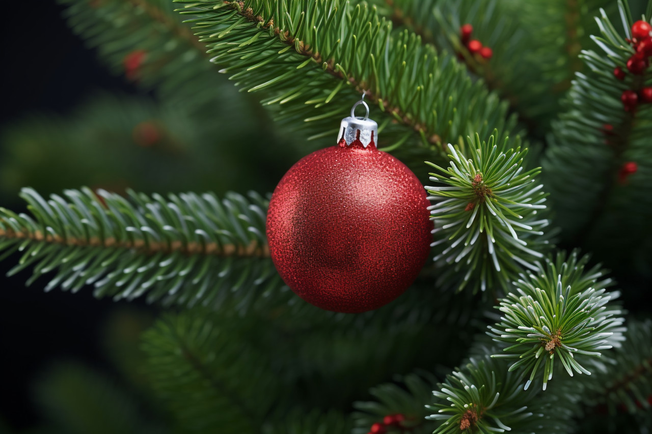 A picture of a spruce branch with a red gift, a christmas tree ornament, and a pine cone, christmas people celebrating images