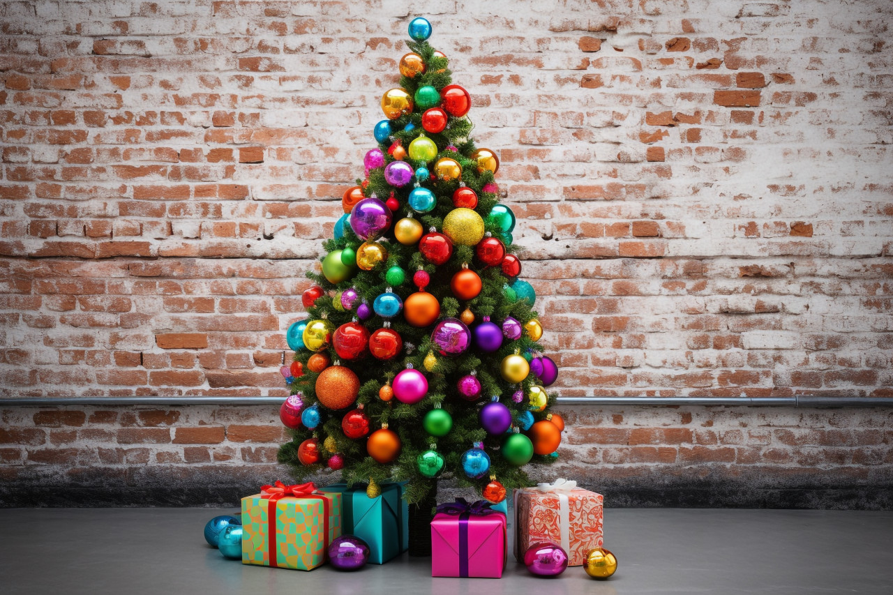 A picture of a christmas tree with colorful ornaments and presents in front of a white brick wall, christmas people celebrating images