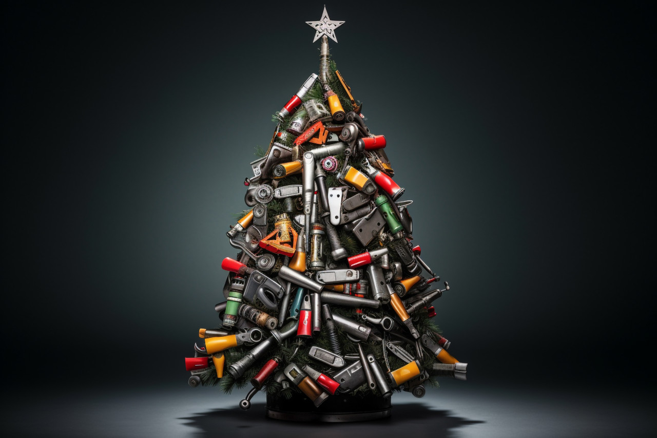 Image of a christmas tree made from steel tools, christmas people celebrating images