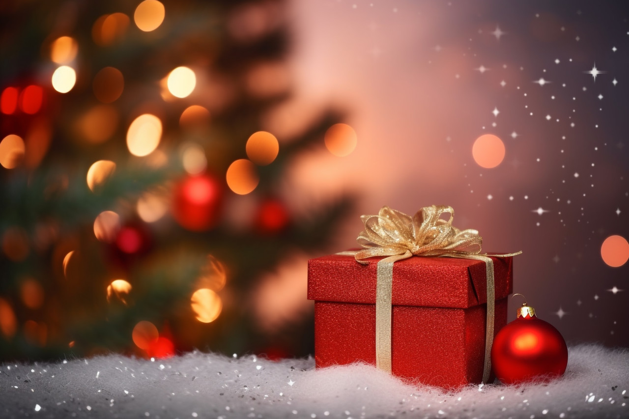 A photo of red merry christmas and happy new year handwriting on a blurred background, christmas people celebrating images