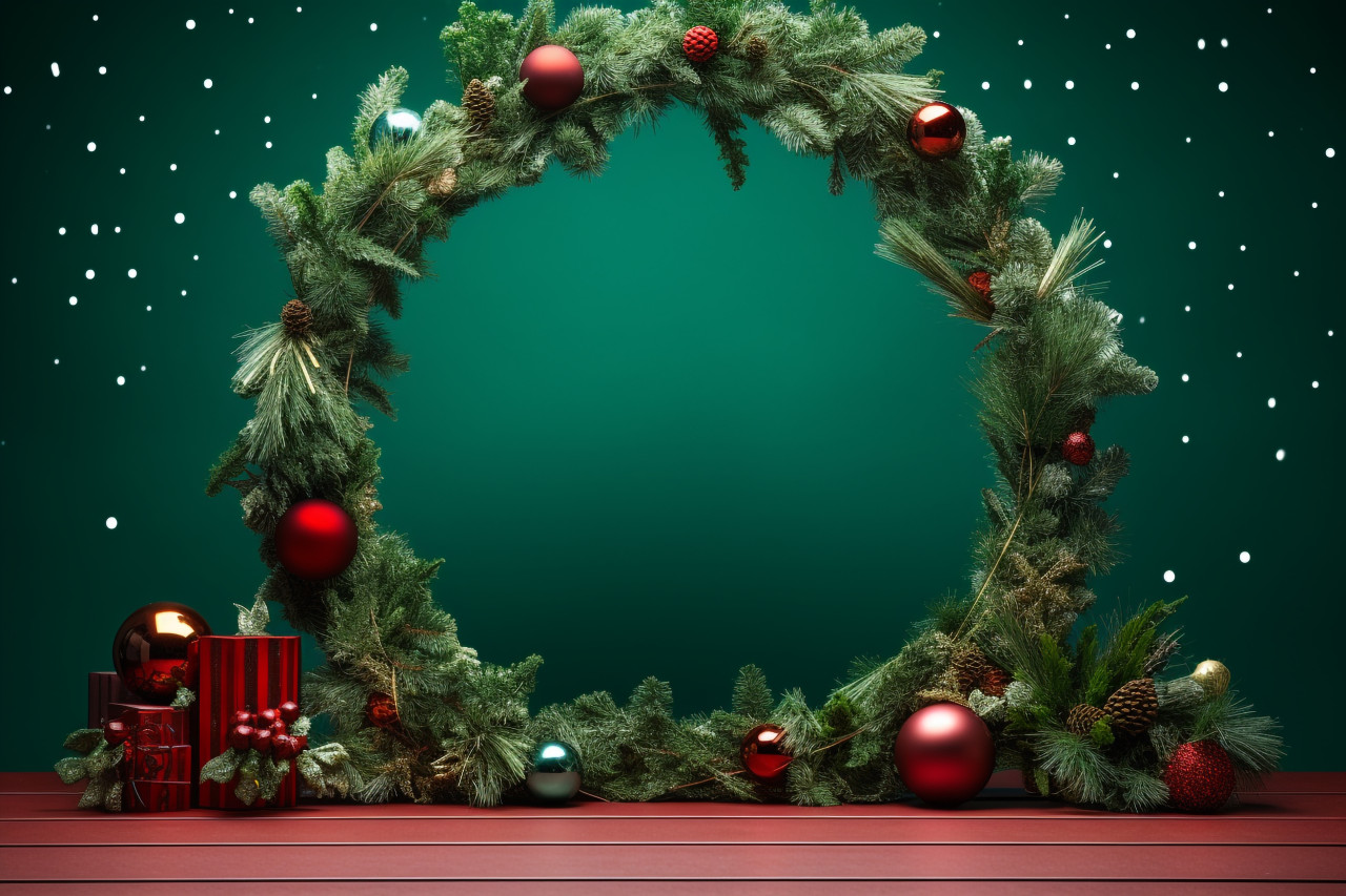 A simple photo of a christmas podium with products on it for a holiday sale, with a green background, christmas people celebrating images