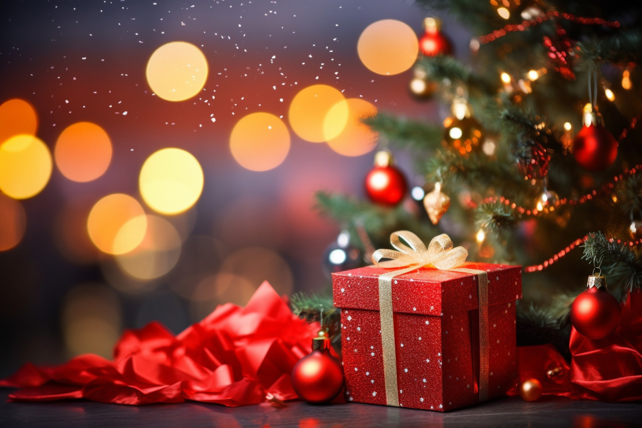 A photo of red merry christmas and happy new year handwriting on a blurred background, christmas people celebrating images