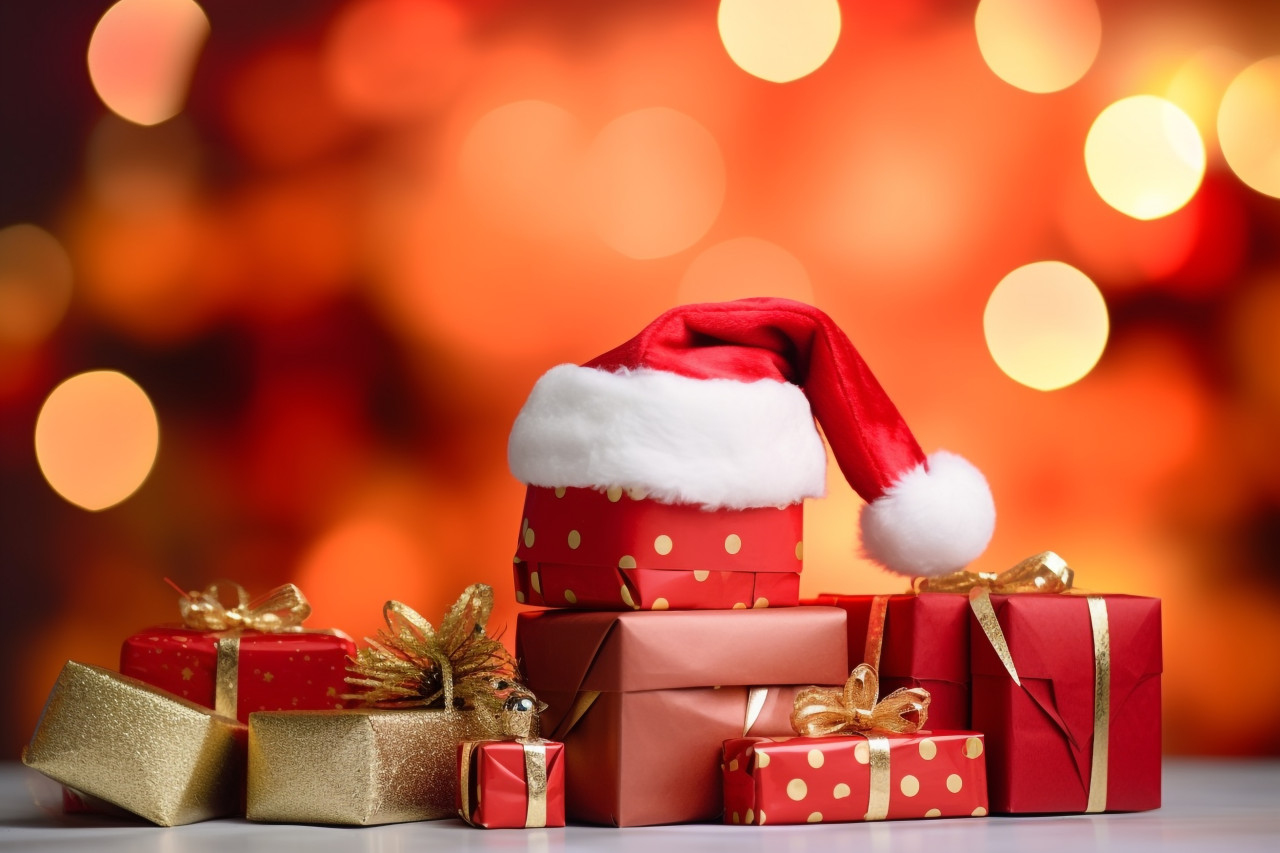 A photo of a gift box in a christmas scene with a snowman and decorations in the background, christmas people celebrating images
