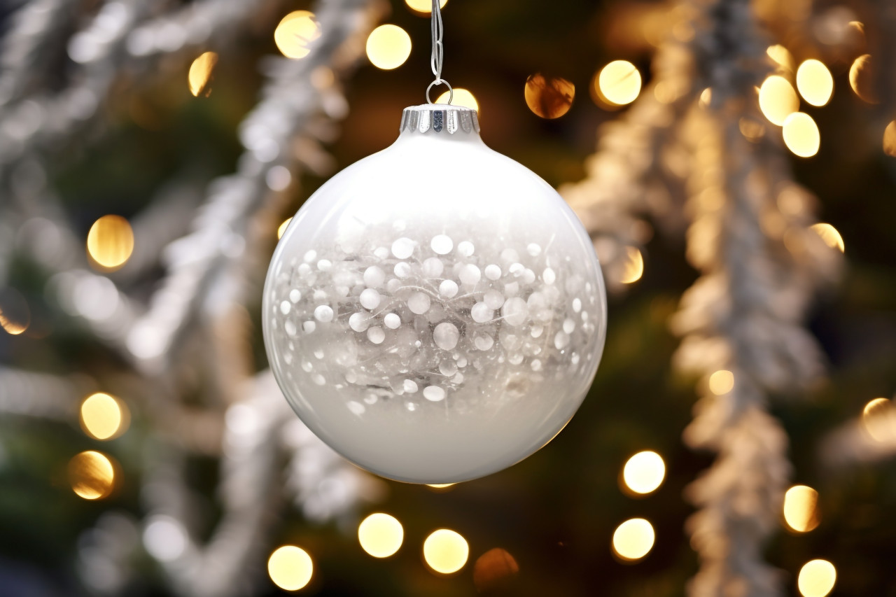 A close up photo of a white christmas ornament hanging on a decorated tree, christmas people celebrating images
