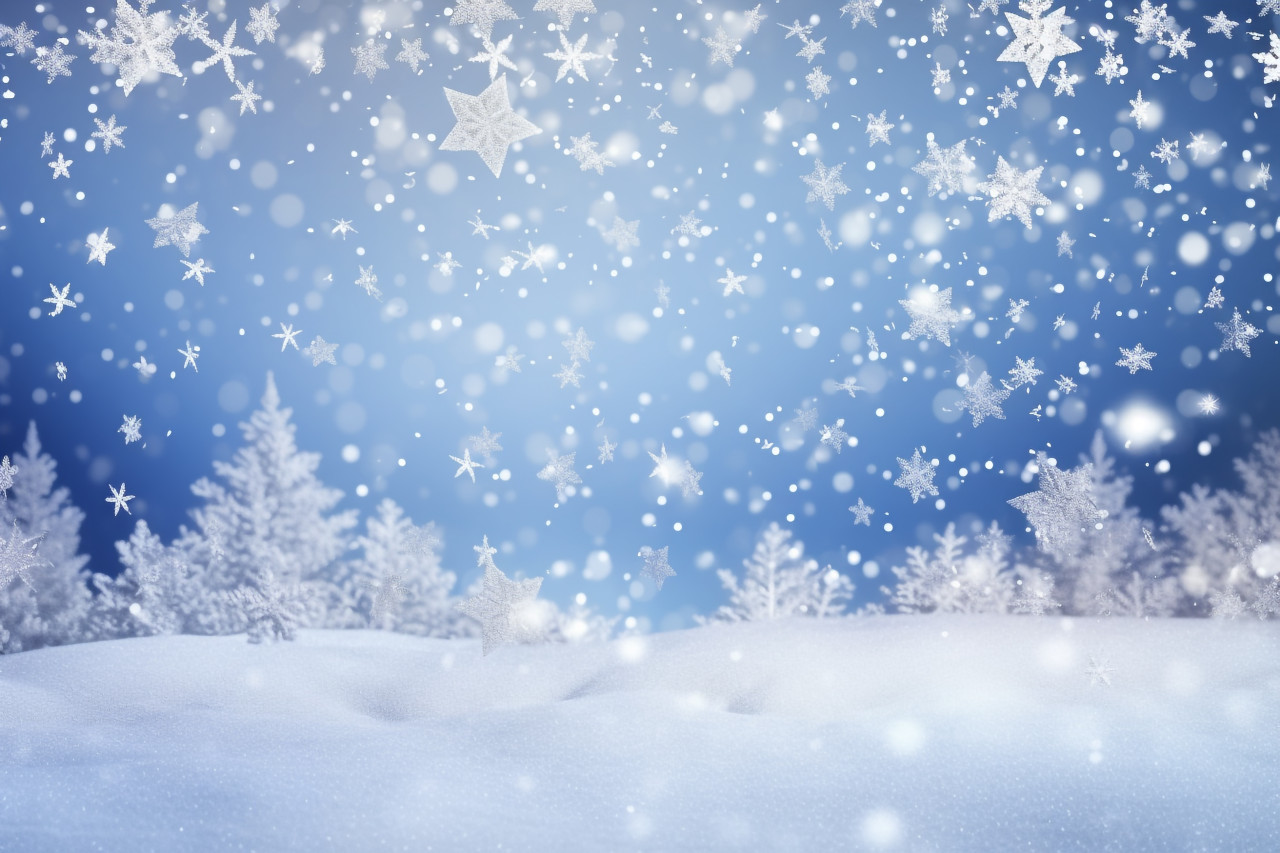 A photo of a beautiful winter scene with snowflakes and soft, blurry lights on a blue sky, christmas people celebrating images