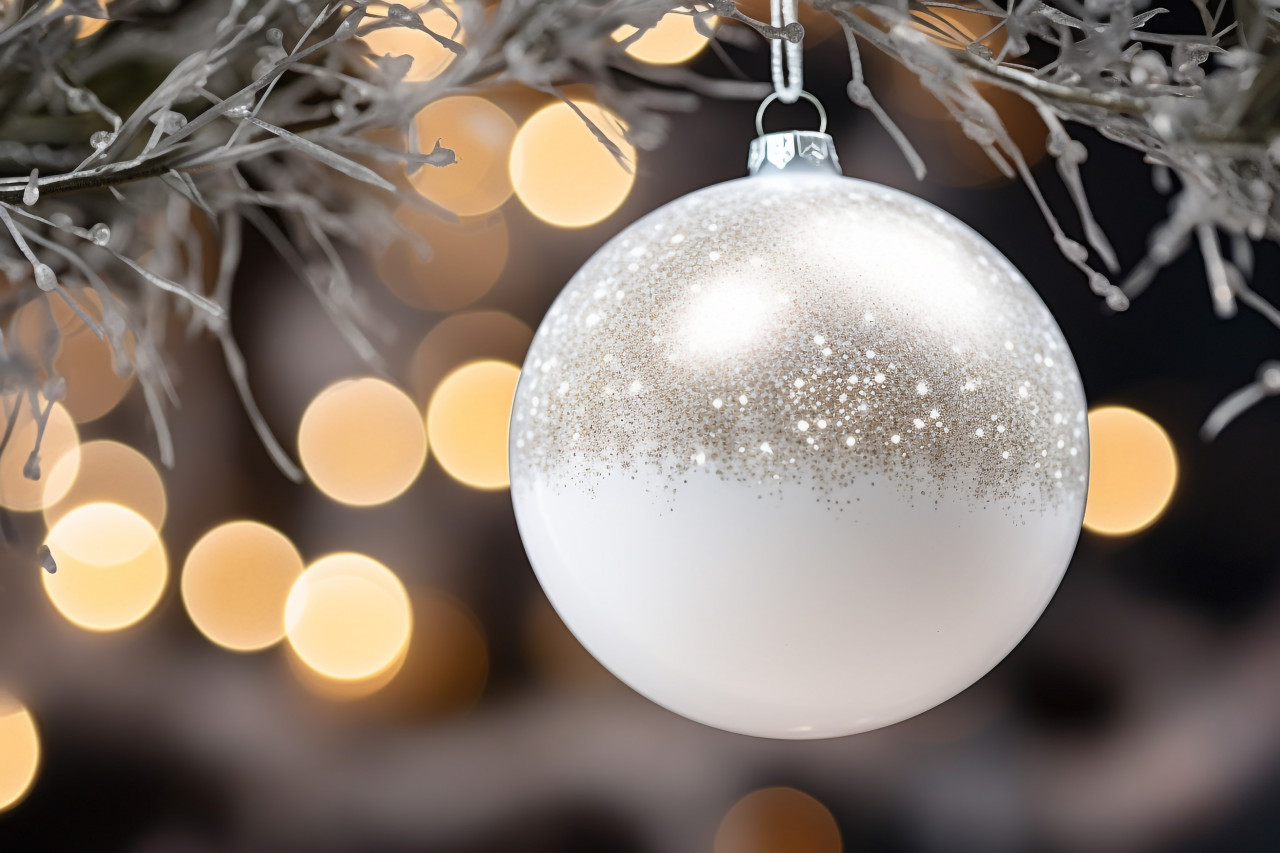 A close up photo of a white christmas ornament hanging on a decorated tree, christmas people celebrating images