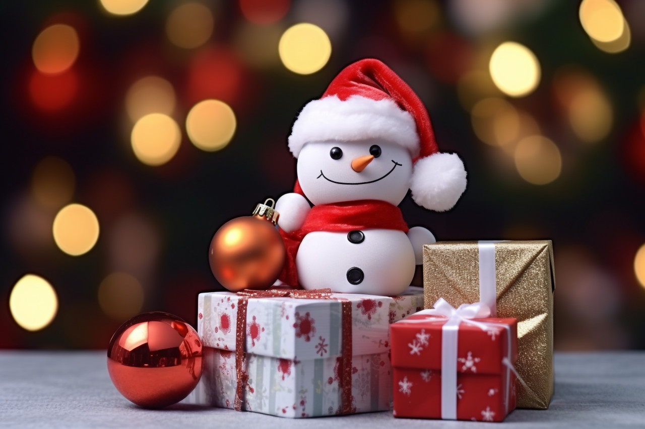 A photo of a gift box in a christmas scene with a snowman and decorations in the background, christmas people celebrating images