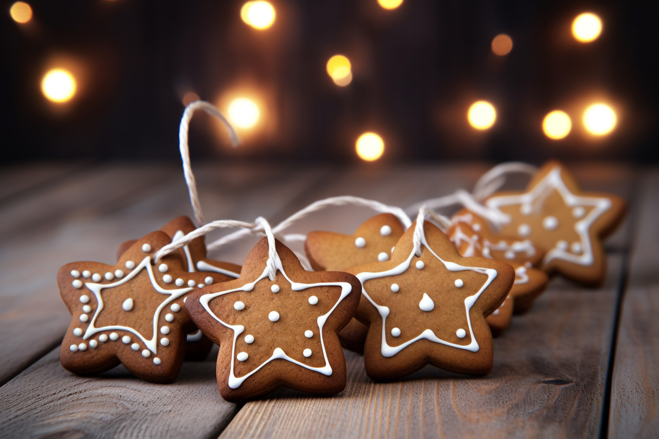 A photo of gingerbread cookies hanging from a wooden background, christmas people celebrating images
