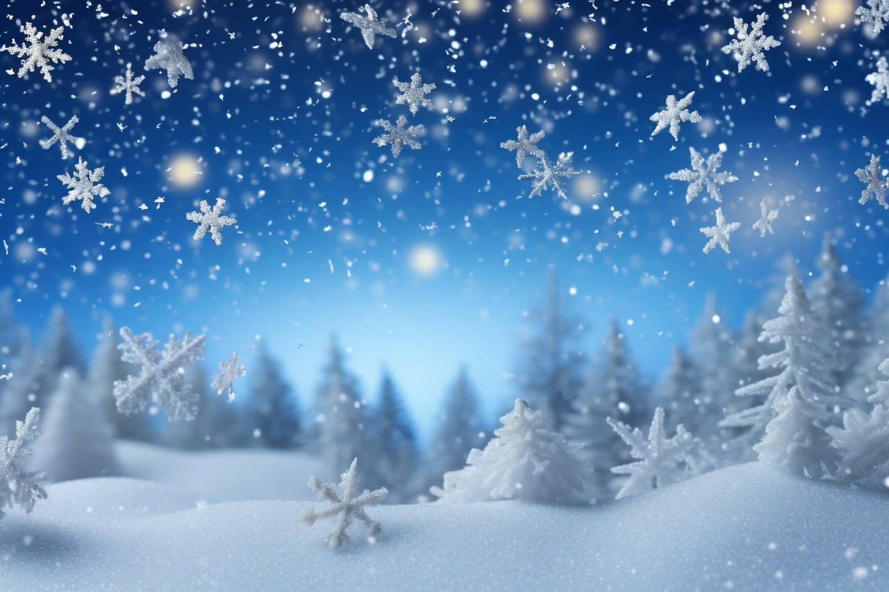 A photo of a beautiful winter scene with snowflakes and soft, blurry lights on a blue sky, christmas people celebrating images