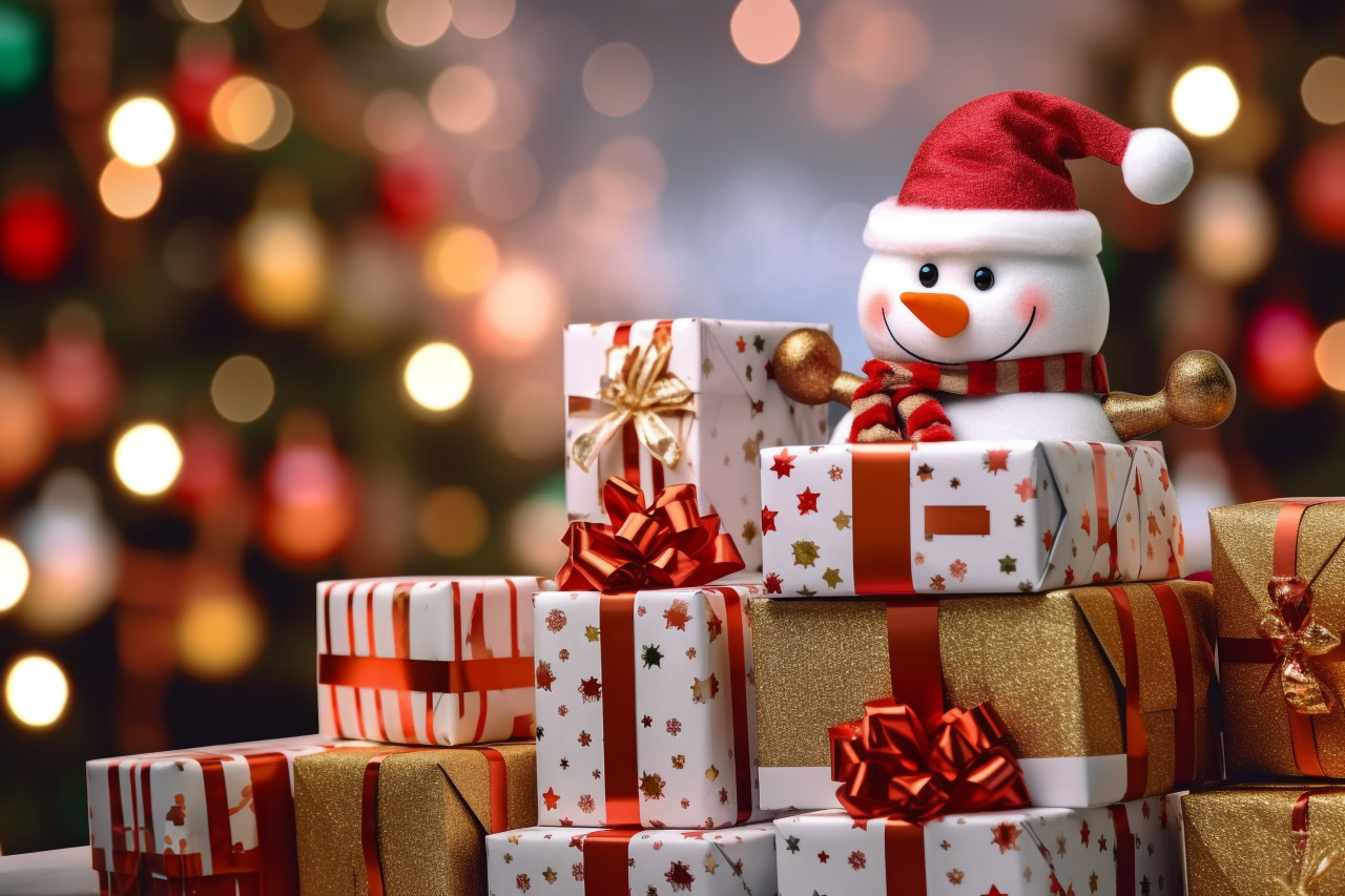 A photo of a gift box in a christmas scene with a snowman and decorations in the background, christmas people celebrating images