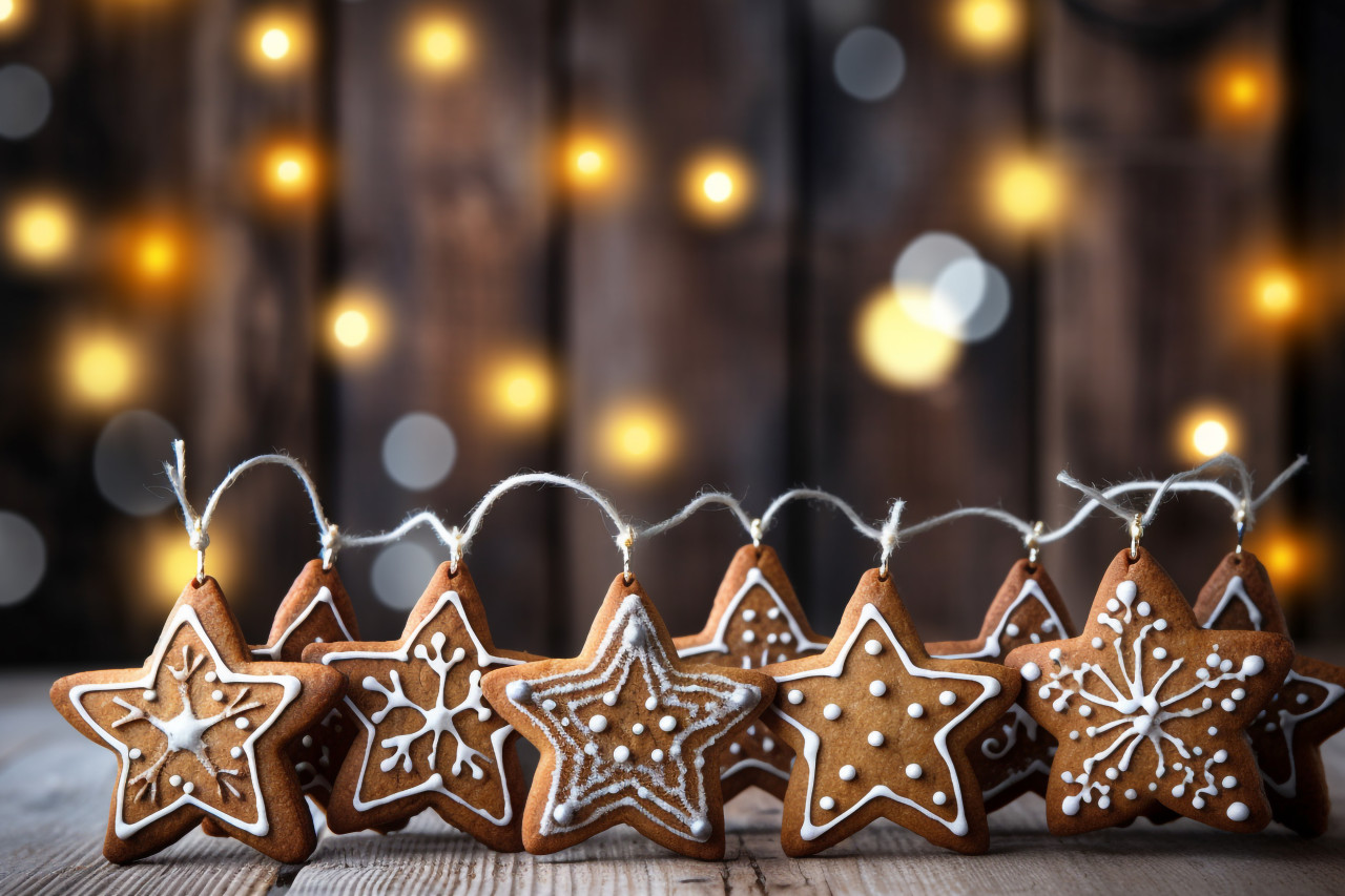 A photo of gingerbread cookies hanging from a wooden background, christmas people celebrating images