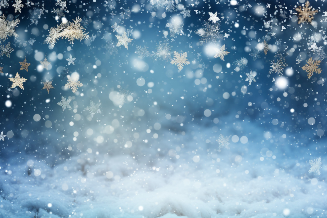 A photo of a beautiful winter scene with snowflakes and soft, blurry lights on a blue sky, christmas people celebrating images
