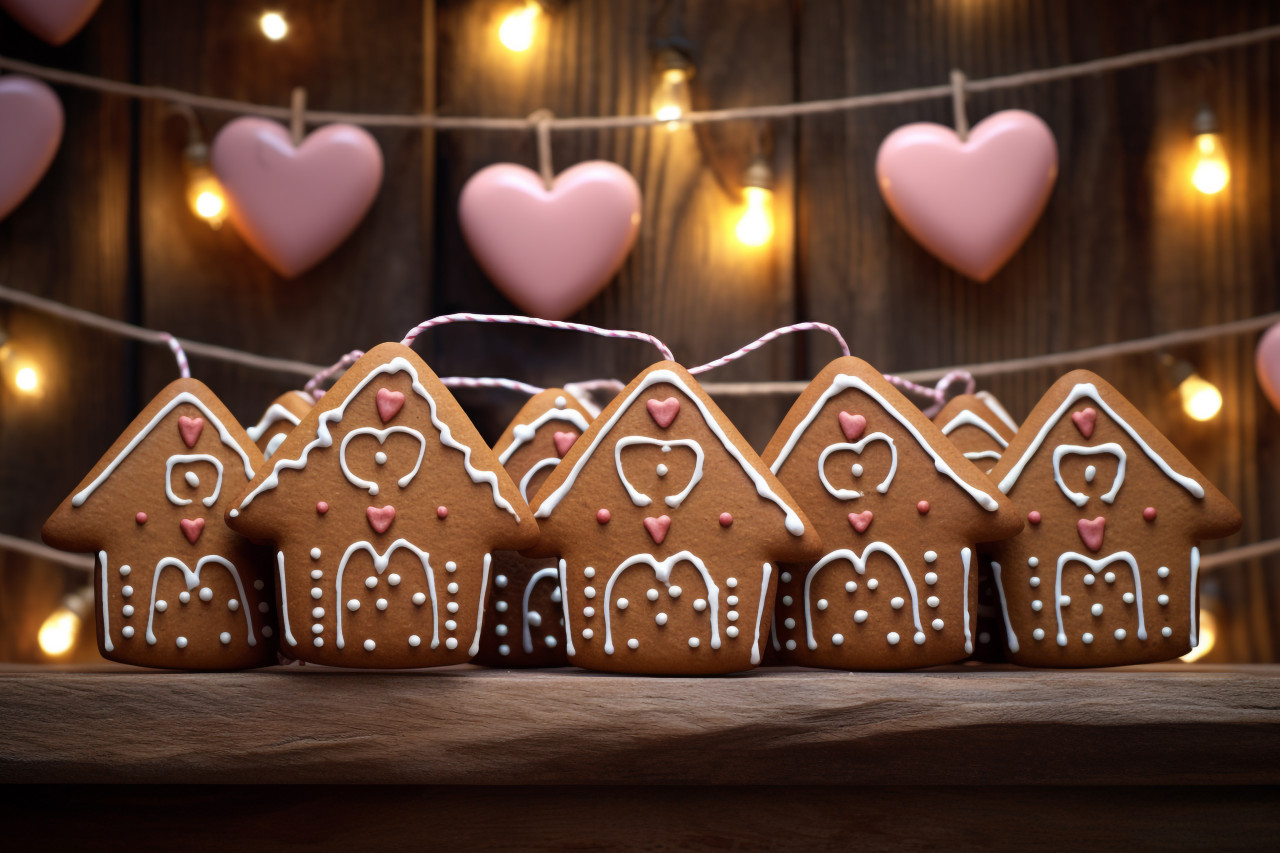 A photo of gingerbread cookies hanging from a wooden background, christmas people celebrating images
