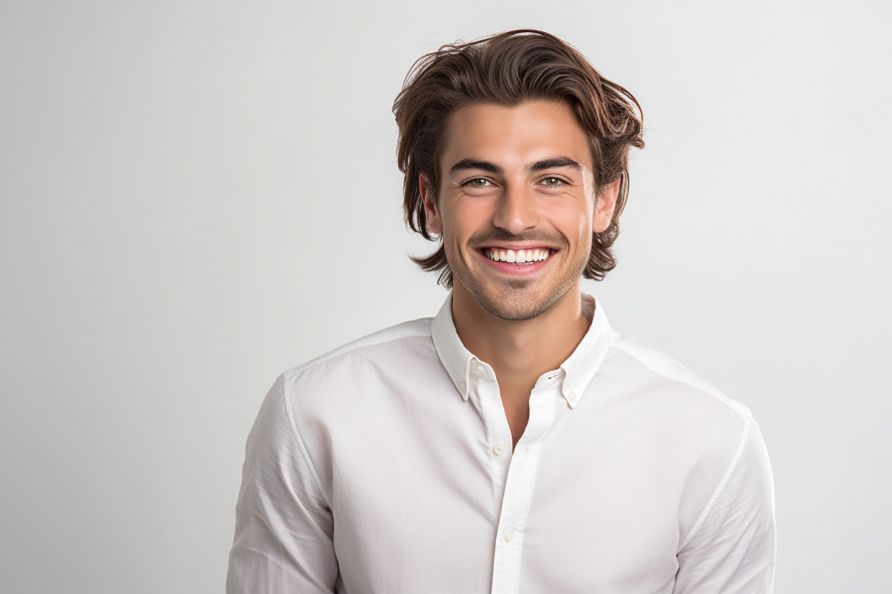 A picture of a good looking young man wearing a white shirt he is standing against a white background and smiling at the camera with his hands on his hips, personal grooming man photo
