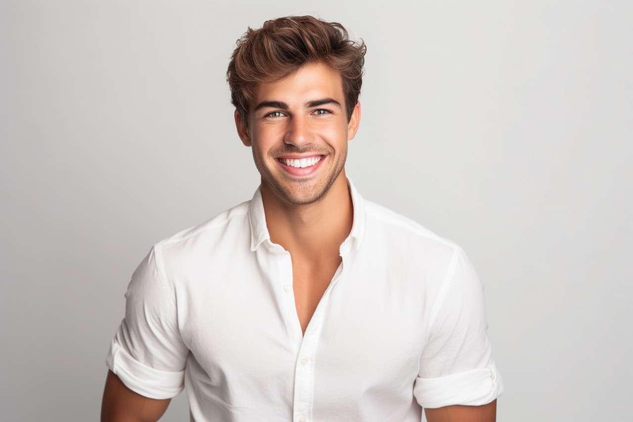 A picture of a good looking young man wearing a white shirt he is standing against a white background and smiling at the camera with his hands on his hips, personal grooming man photo
