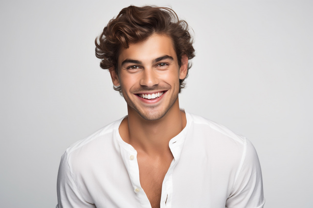 A picture of a good looking young man wearing a white shirt he is standing against a white background and smiling at the camera with his hands on his hips, personal grooming man photo