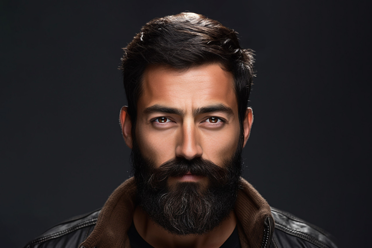 Picture of a serious confident young asian man with a black beard he is standing in front of a blank background and looking at the camera, personal grooming man photo