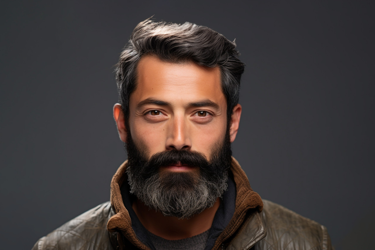 Picture of a serious confident young asian man with a black beard he is standing in front of a blank background and looking at the camera, personal grooming man photo