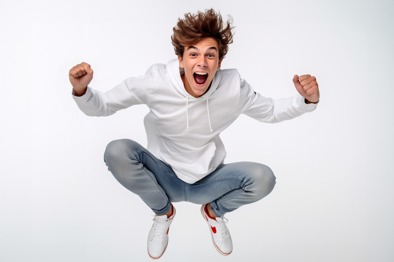 A photo of a happy young man jumping in front of a white wall with his mouth open, personal grooming man image