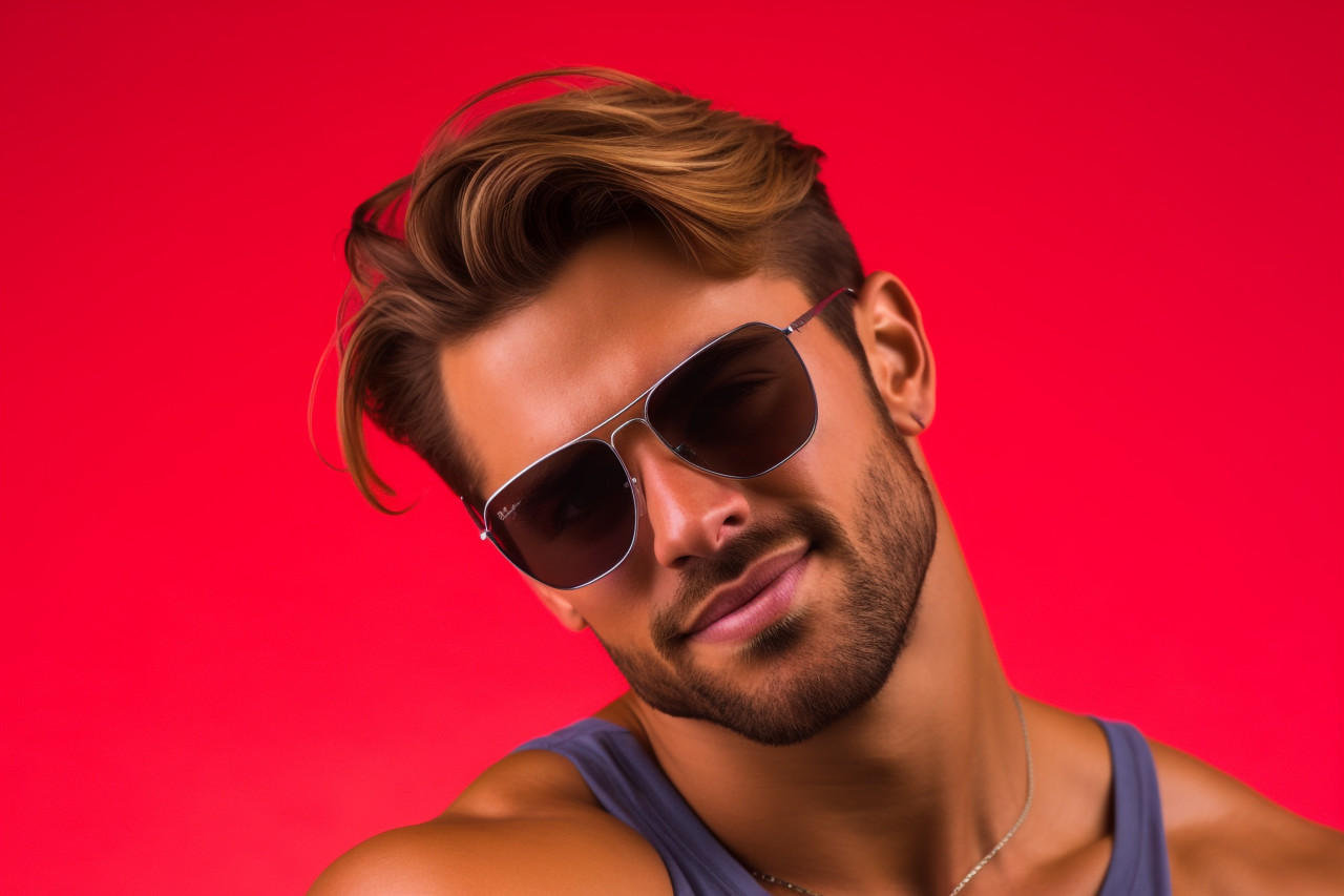A photo of a smiling young man with sunglasses standing against a red background he has one hand in his hair and is looking at the camera, personal grooming man photo