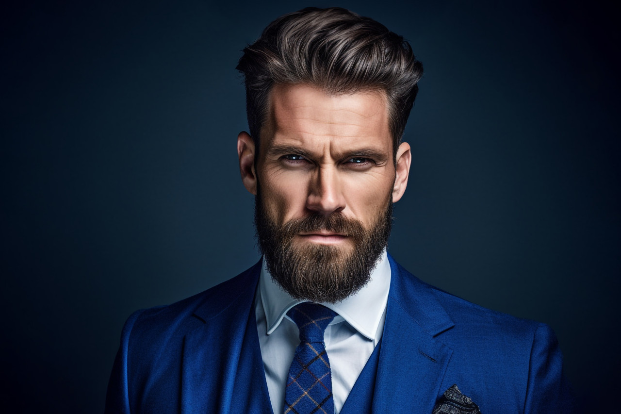 A picture of a handsome man in a nice blue suit, personal grooming man photo