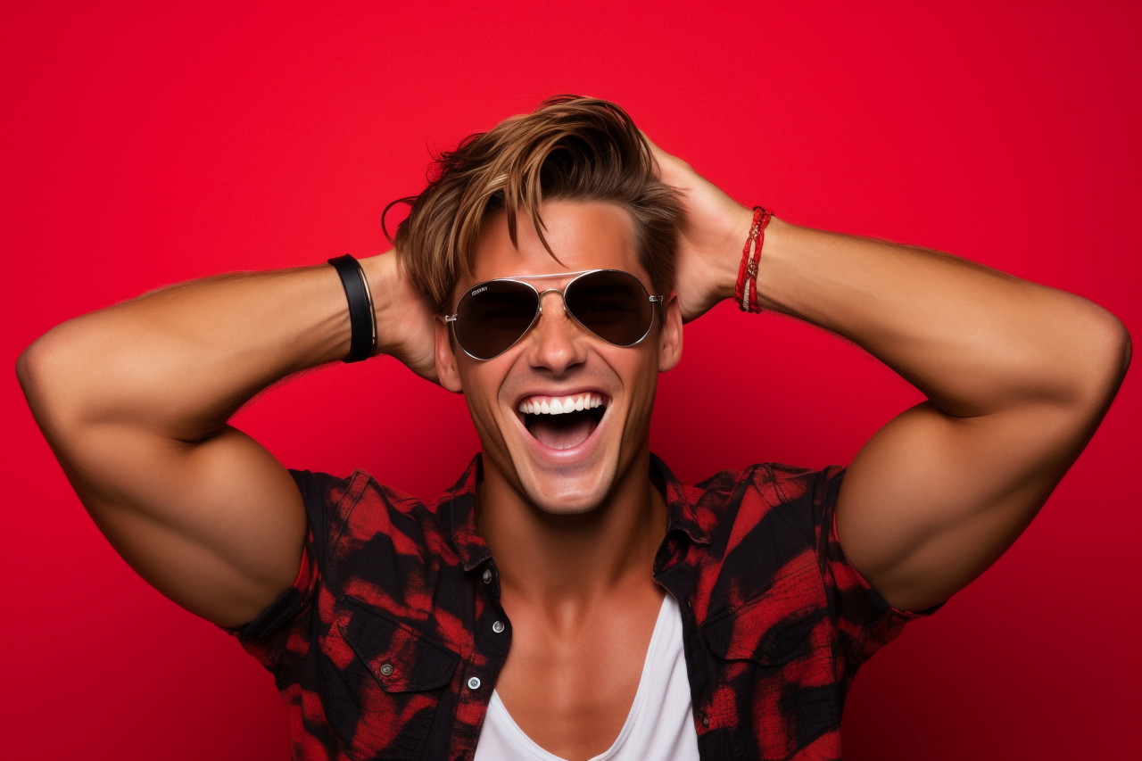 A photo of a smiling young man with sunglasses standing against a red background he has one hand in his hair and is looking at the camera, personal grooming man photo