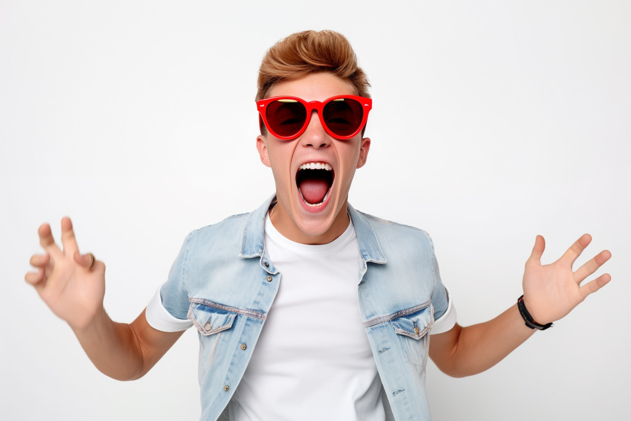 A photo of a happy young man jumping in front of a white wall with his mouth open, personal grooming man image