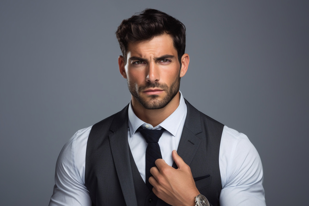 A picture of a good looking young man in a suit pulling up his sleeves while standing in front of a gray wall, personal grooming man photo