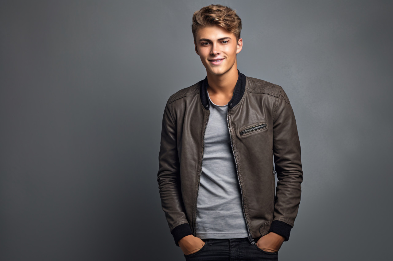 A full body photo of a handsome young man smiling and standing with his hands in his pockets against a gray background, personal grooming man image