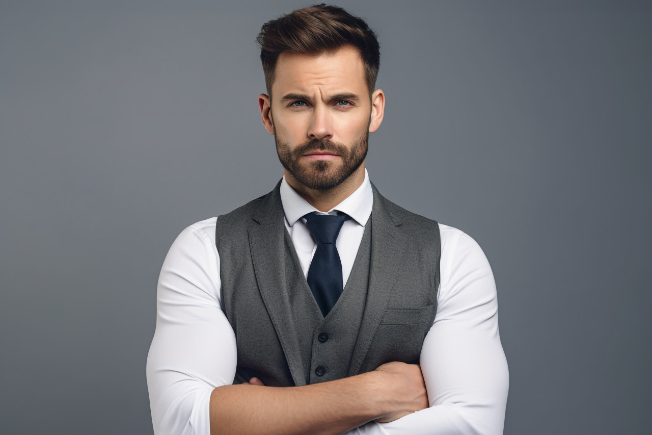 A picture of a good looking young man in a suit pulling up his sleeves while standing in front of a gray wall, personal grooming man photo