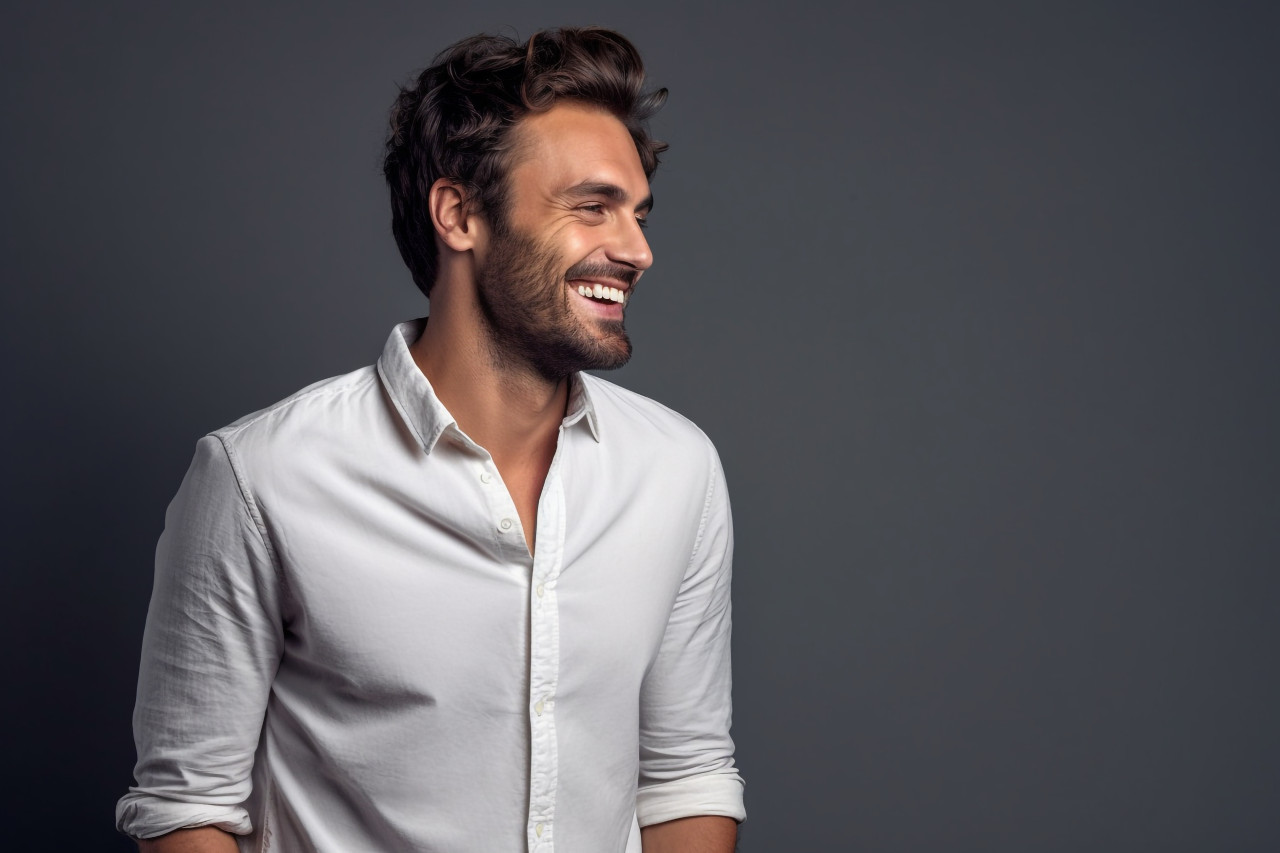 A full body photo of a handsome young man smiling and standing with his hands in his pockets against a gray background, personal grooming man image