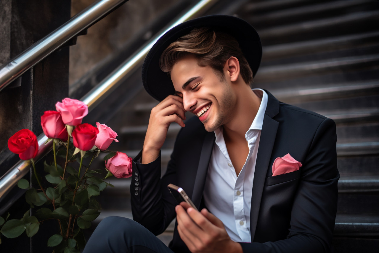 A picture of a good looking young man wearing a nice jacket and talking on his phone while sitting on some stairs there is a bunch of roses next to him, personal grooming man image