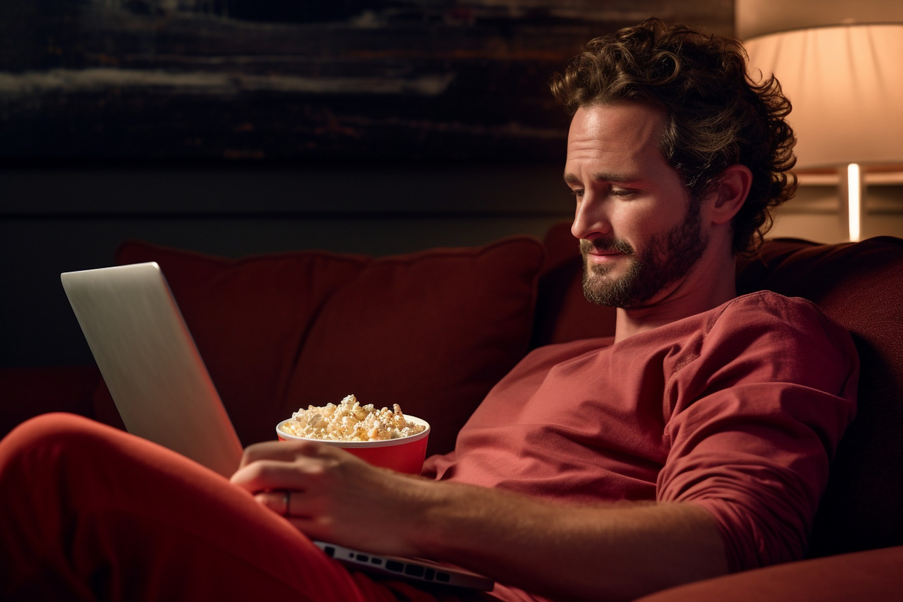 A photo of a man relaxing on a sofa with his laptop watching a movie and enjoying a lazy day off the photo is a lifestyle concept that represents the convenience of online shopping where buyers can choose goods and make orders from the comfort of their own homes, personal grooming man photo