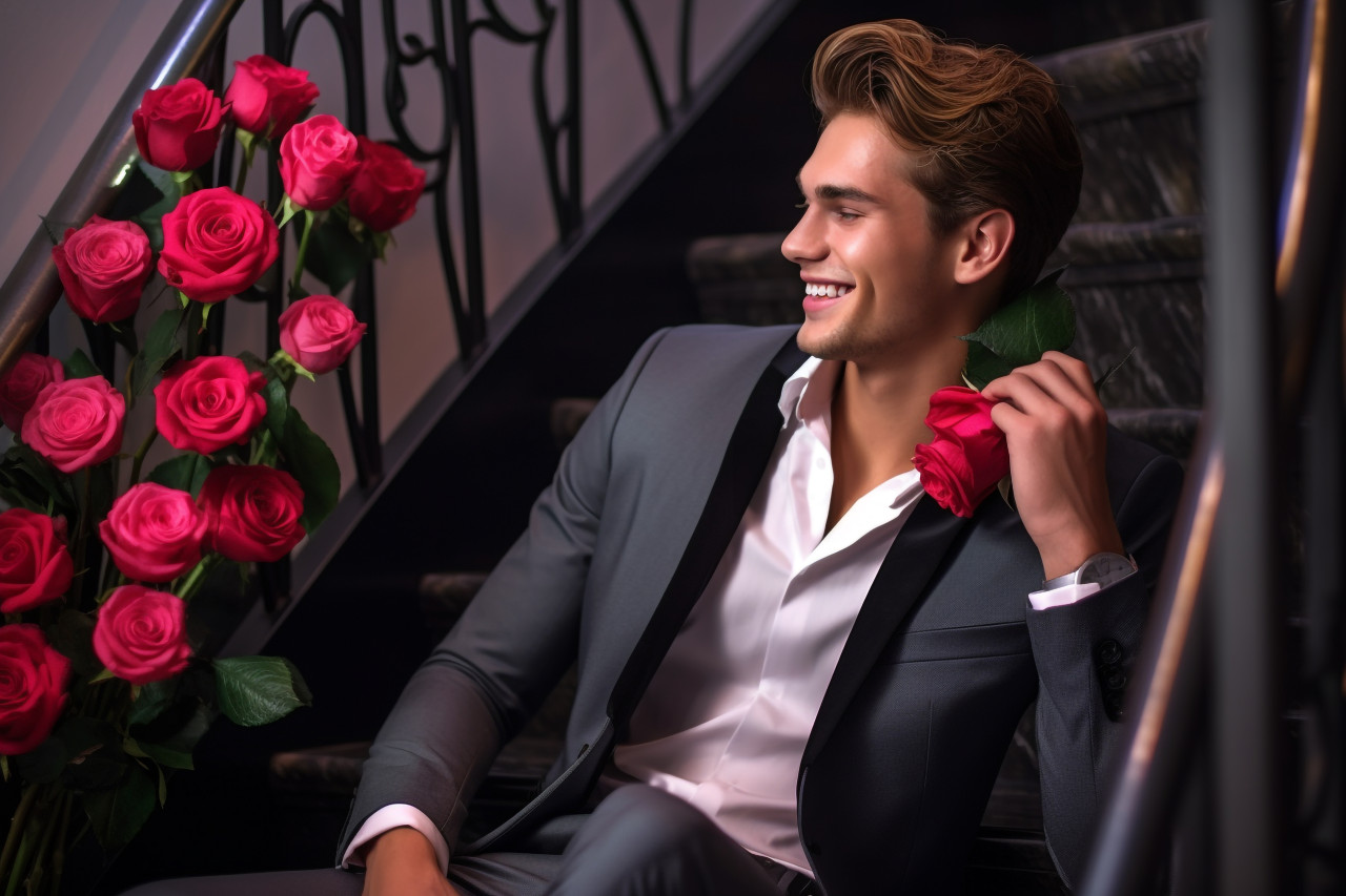 A picture of a good looking young man wearing a nice jacket and talking on his phone while sitting on some stairs there is a bunch of roses next to him, personal grooming man image