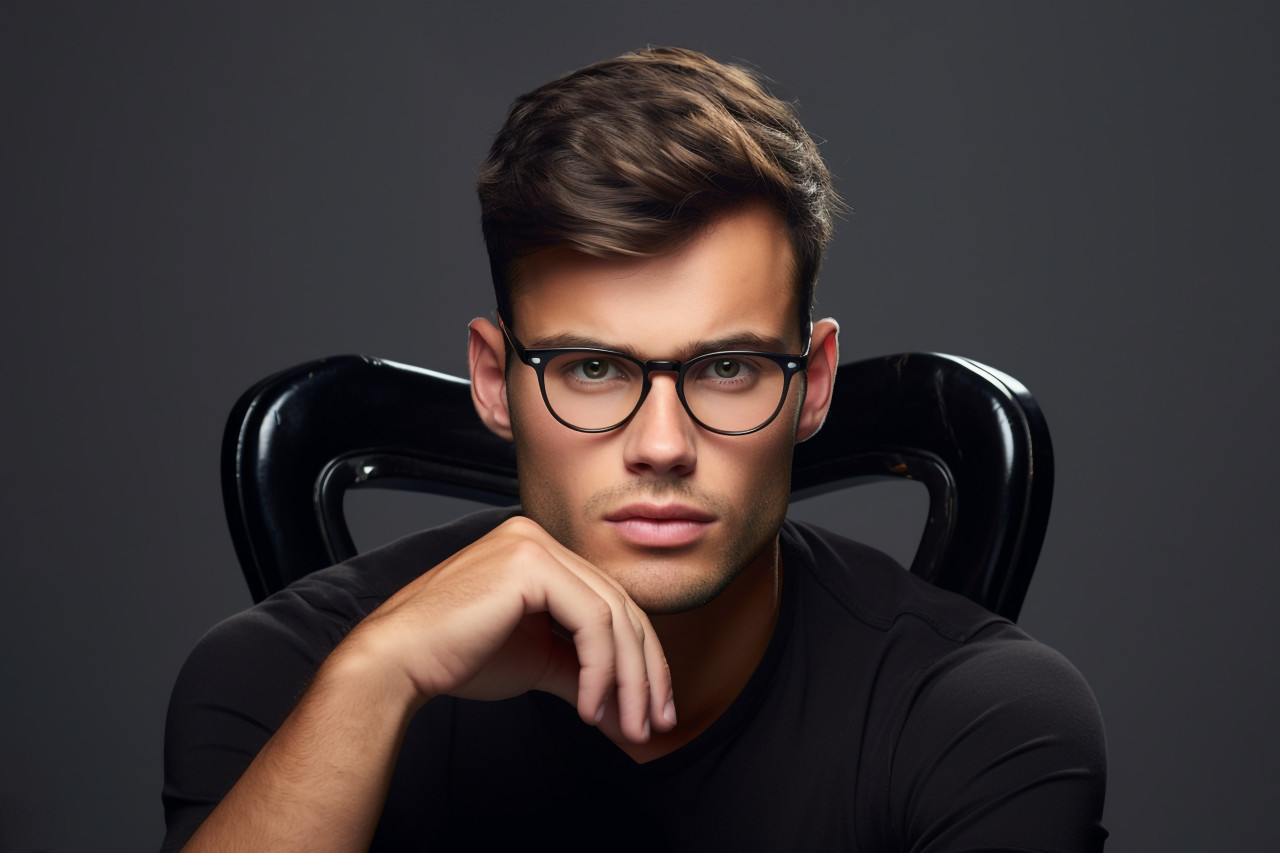 A picture of a good looking young man with glasses standing in front of a gray background leaning on a chair and looking at the camera, personal grooming man image