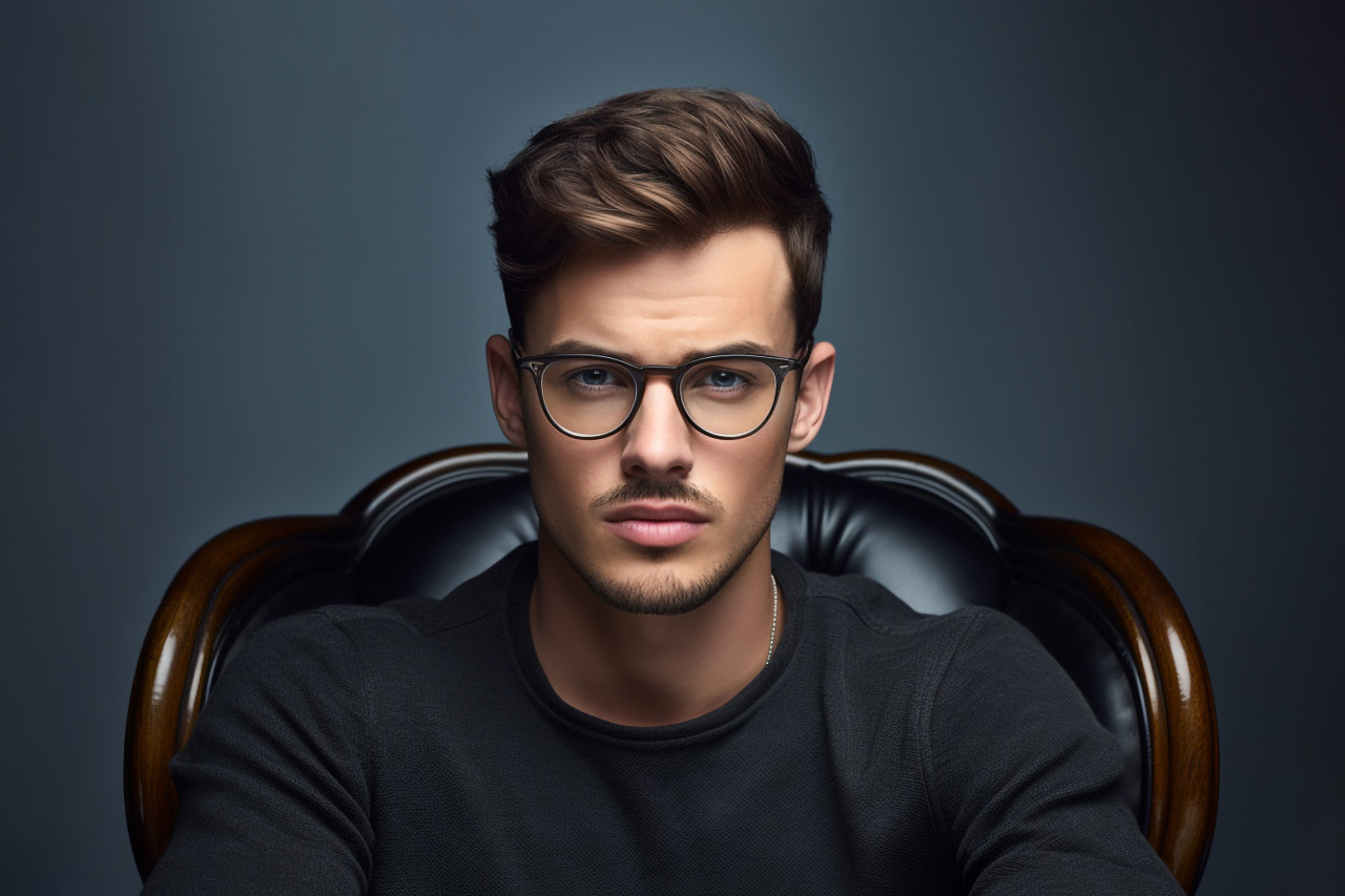 A picture of a good looking young man with glasses standing in front of a gray background leaning on a chair and looking at the camera, personal grooming man image