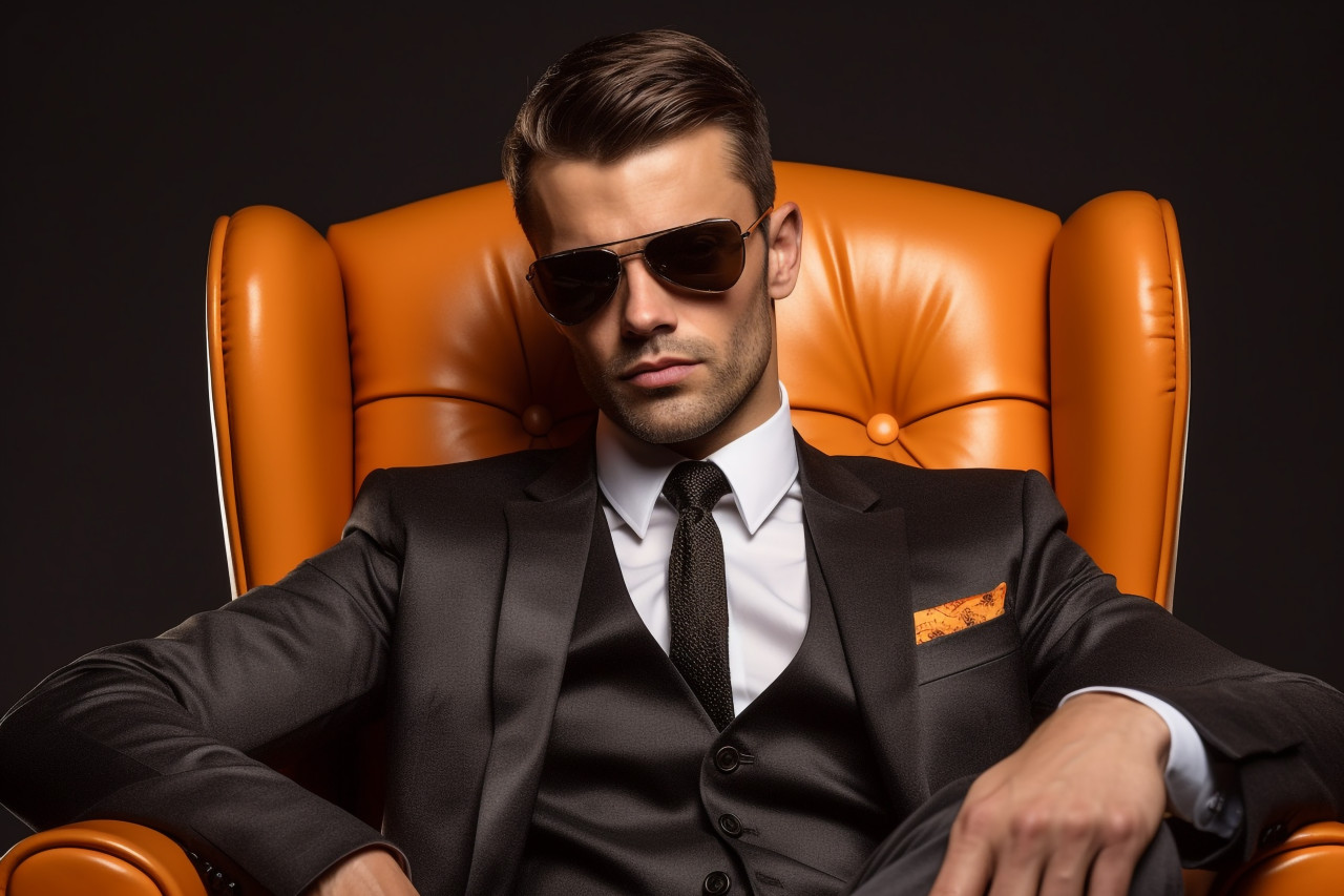 Picture of a good looking young man in a suit sitting in an orange chair against a gray background holding his sunglasses and looking away, personal grooming man photo