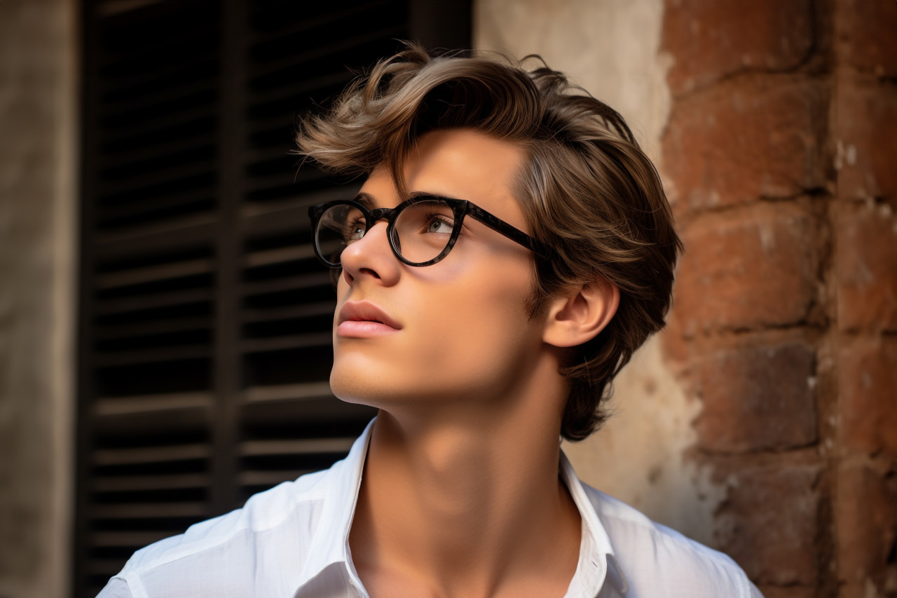 A picture of a handsome young man in casual clothes fixing his glasses and looking away from the camera while standing in front of a brick wall, personal grooming man image