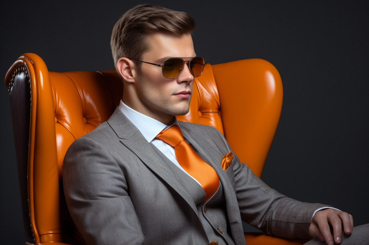 Picture of a good looking young man in a suit sitting in an orange chair against a gray background holding his sunglasses and looking away, personal grooming man photo